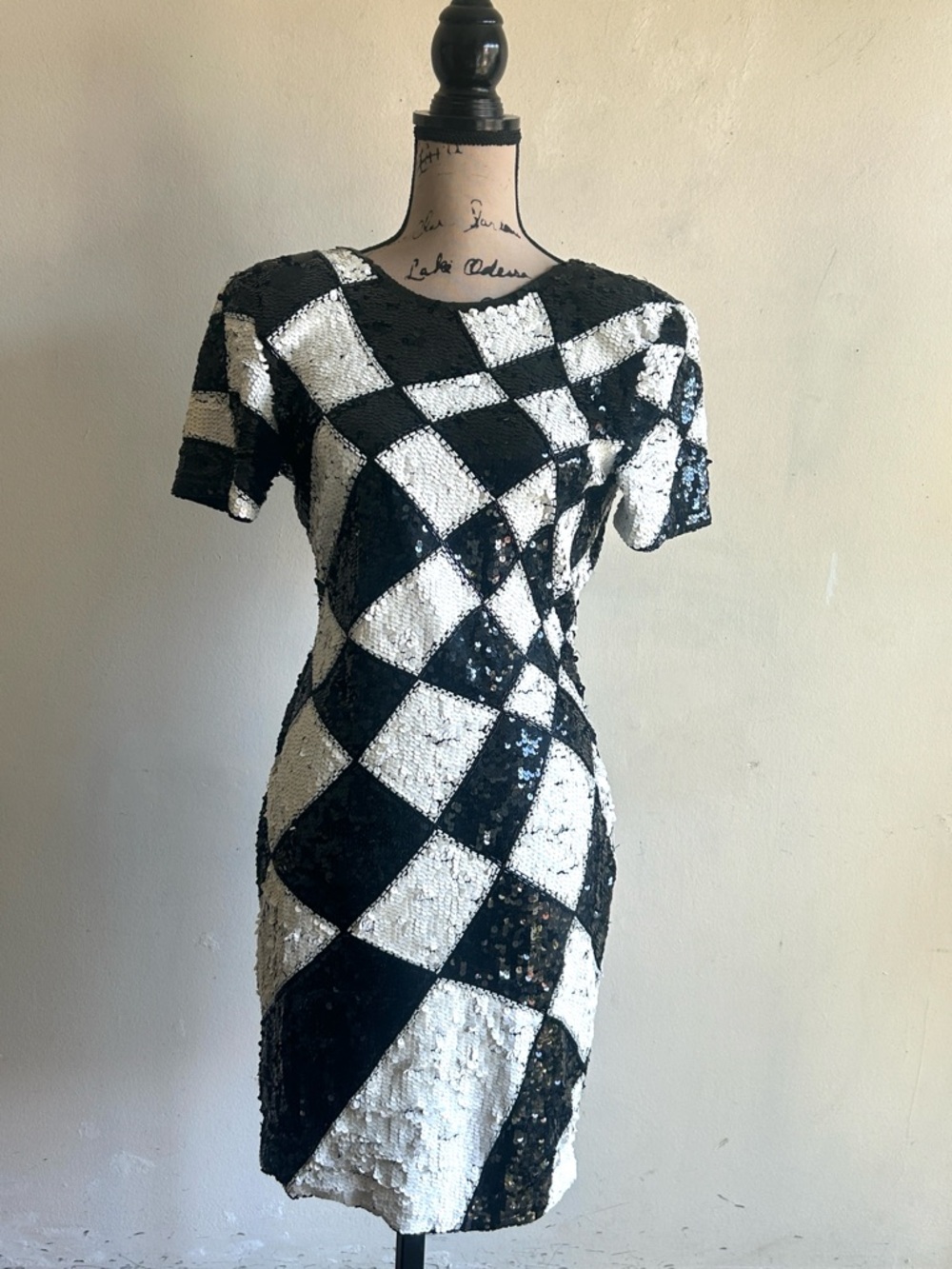 Vintage Lillie Rubin Geometric Sequined Black White Dress Size 6